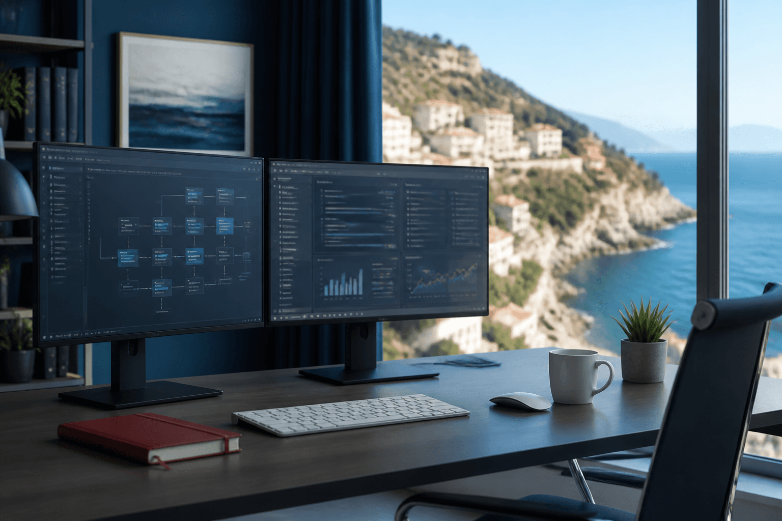 Workspace professionale di software engineering con vista sul mare