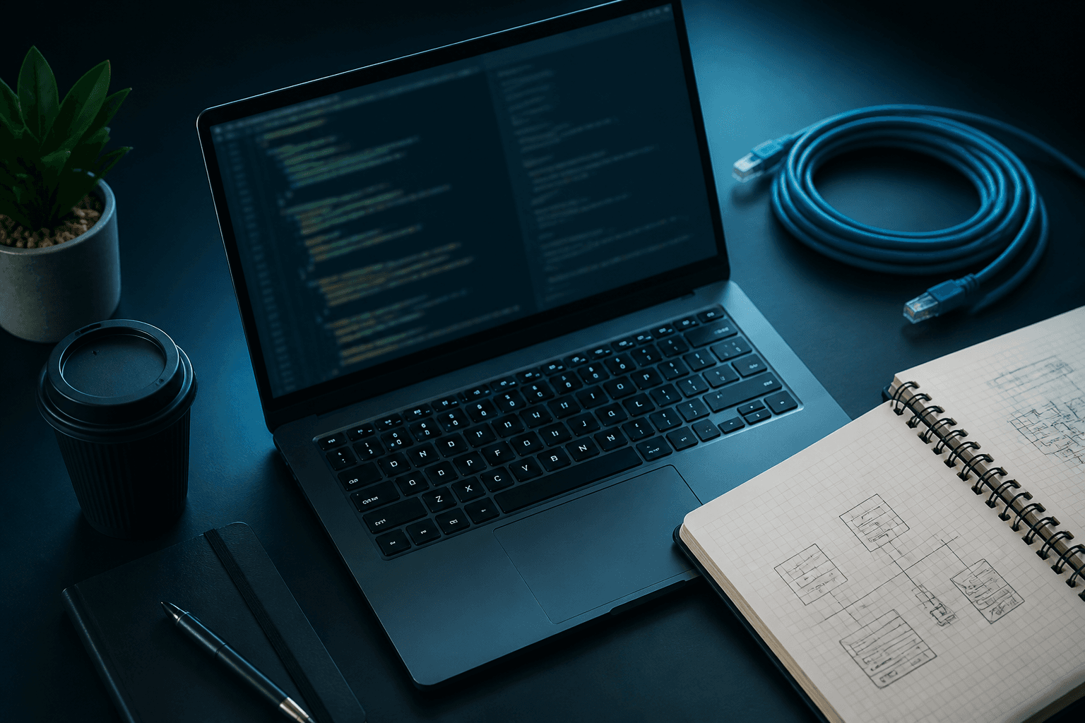 Ambiente di lavoro tecnico: laptop, note di architettura e strumenti di sviluppo